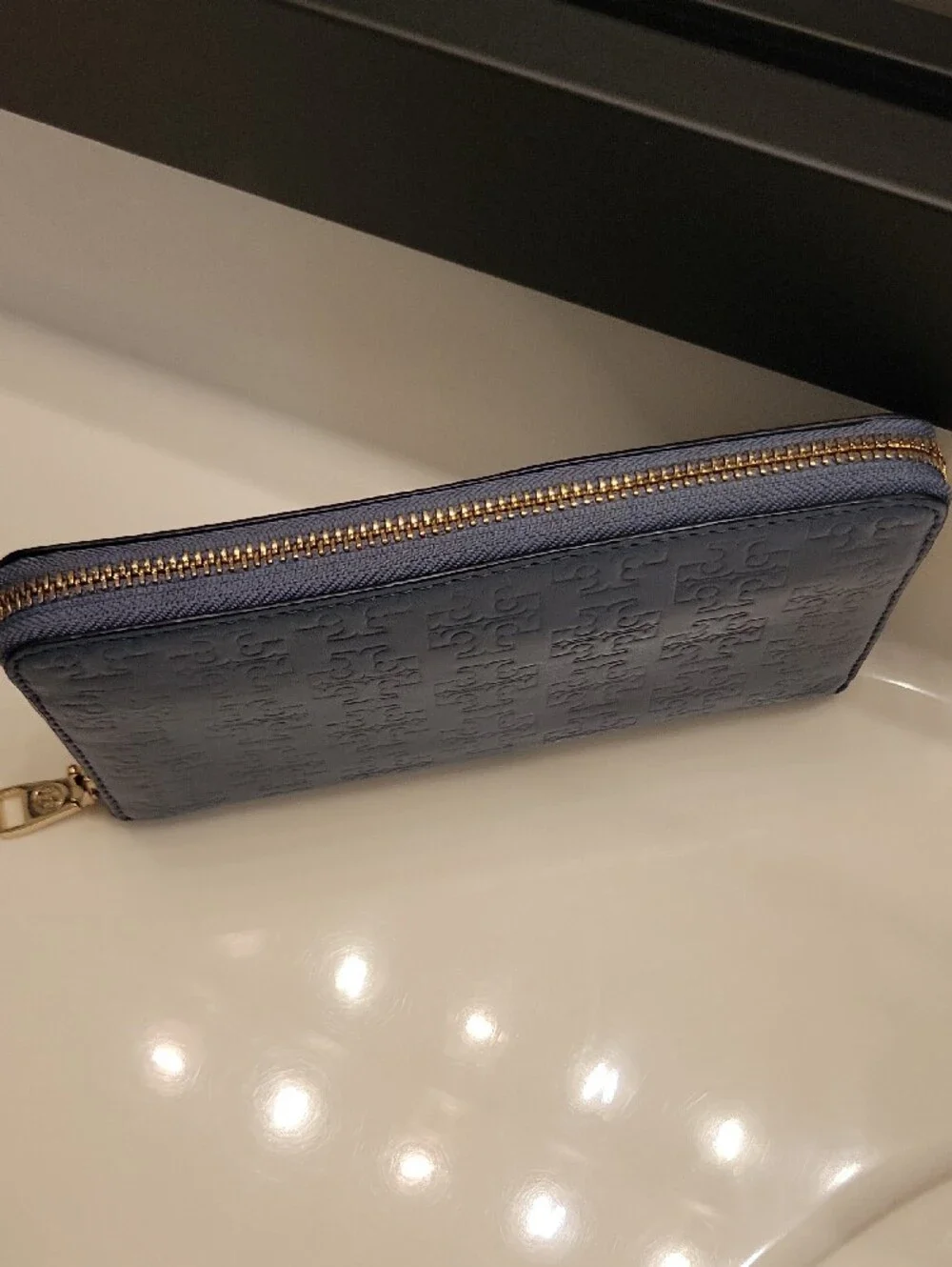 Tory Burch Periwinkle Embossed Logo Zip Wallet
